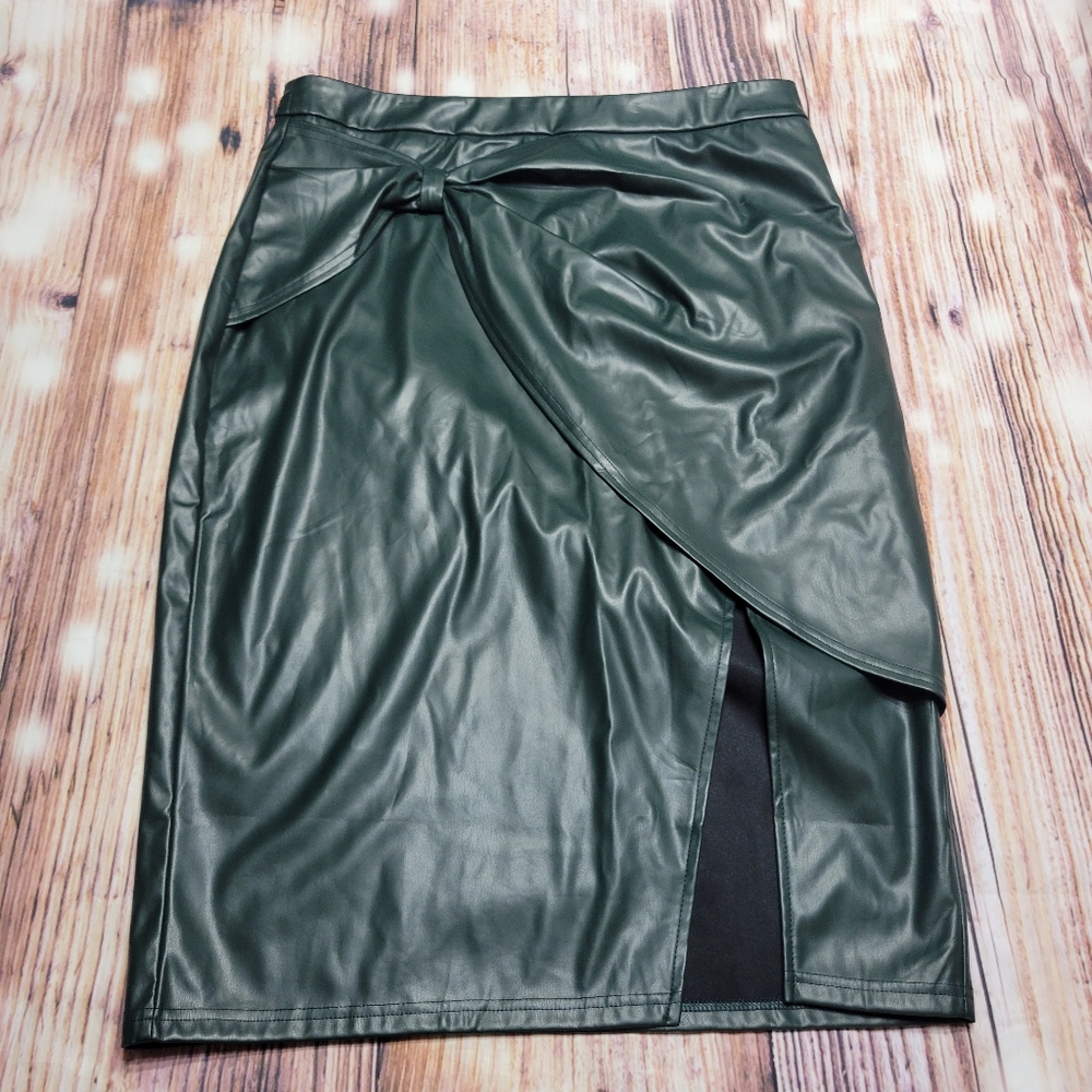 Faux Leather Skirt Plus Size 2X Vegan Leather Crossover Detail Side Slit Green